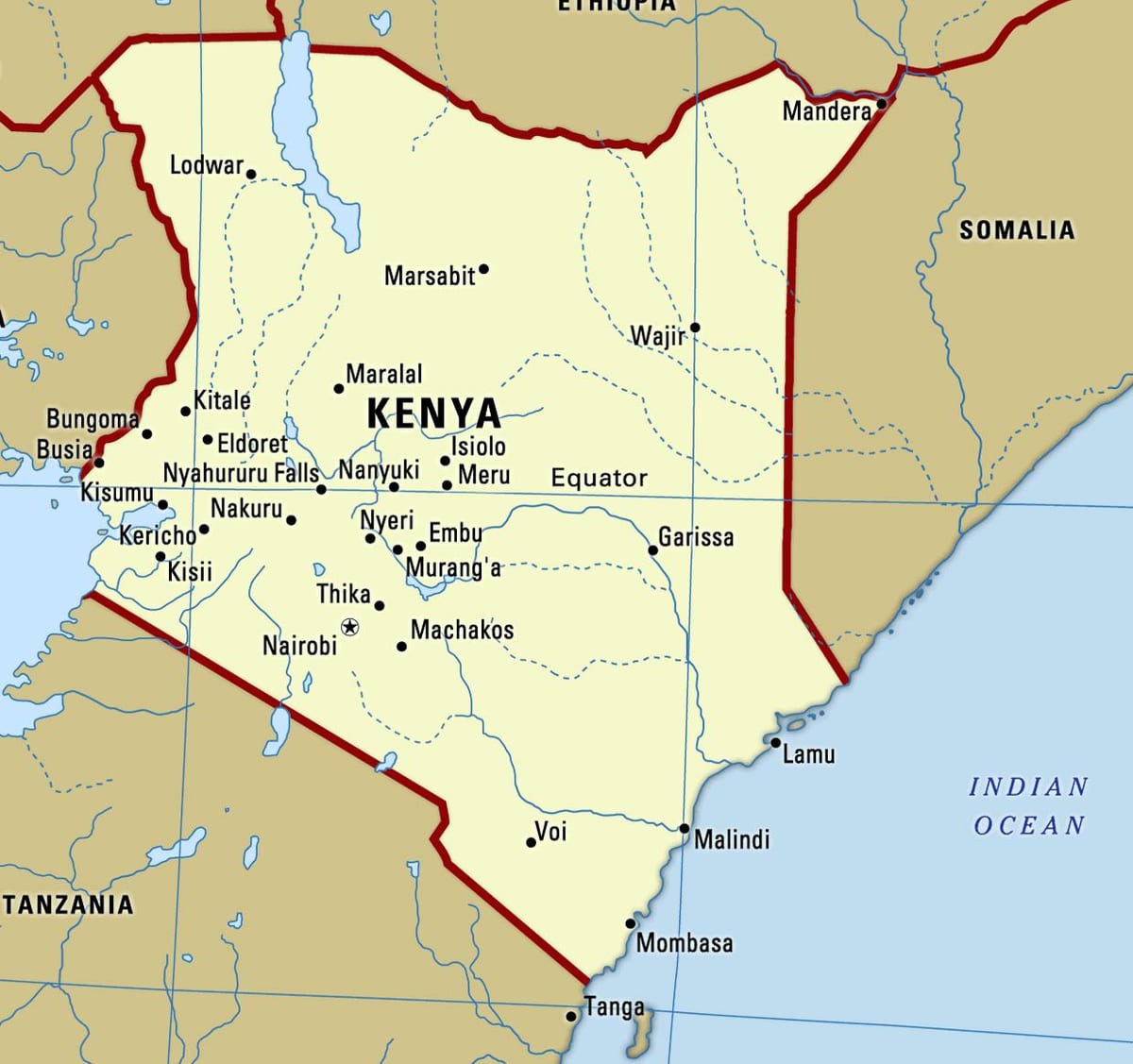 karta över Kenya med städer