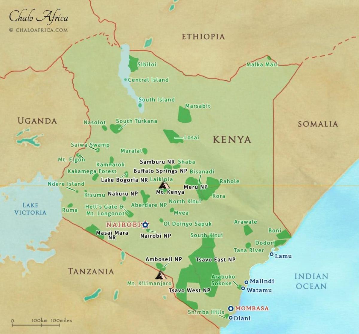 karta över Kenya nationalparker och naturreservat